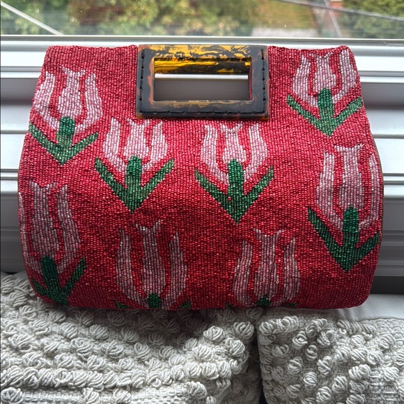 Anthropologie Red Floral Beaded Clutch with Tortoise Accent - Picture 2 of 3